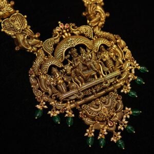 22KT Antique Gold V Shape Hara Necklace with Shiva Parivaar Design