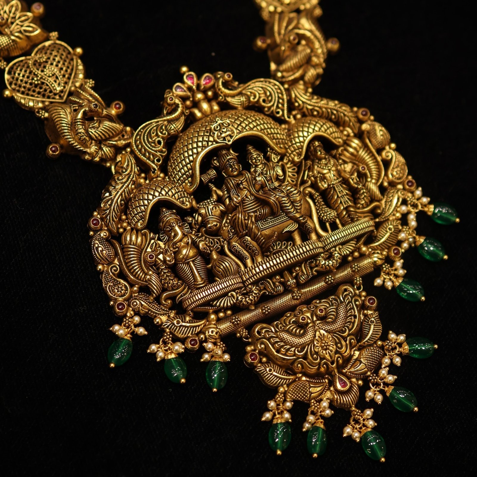 22KT Antique Gold V Shape Hara Necklace with Shiva Parivaar Design