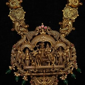 22KT Antique Gold V Shape Hara Necklace with Shiva Parivaar Design