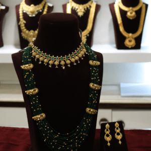 22KT Antique Gold Crystal Beads Layered Hara & Green Stone Necklace Set (HUID Hallmarked) – 75.16g