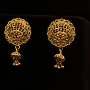22KT Gold Kolkata Design Stud Earrings with Mini Jhumki & Gold Balls (HUID Hallmarked) – 7.24g