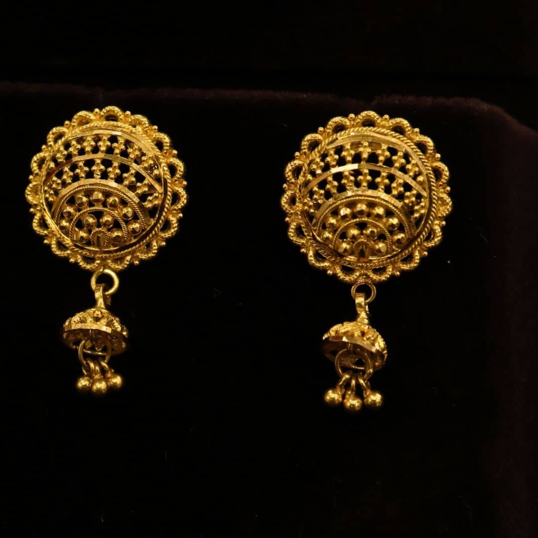22KT Gold Kolkata Design Stud Earrings with Mini Jhumki & Gold Balls (HUID Hallmarked) – 7.24g
