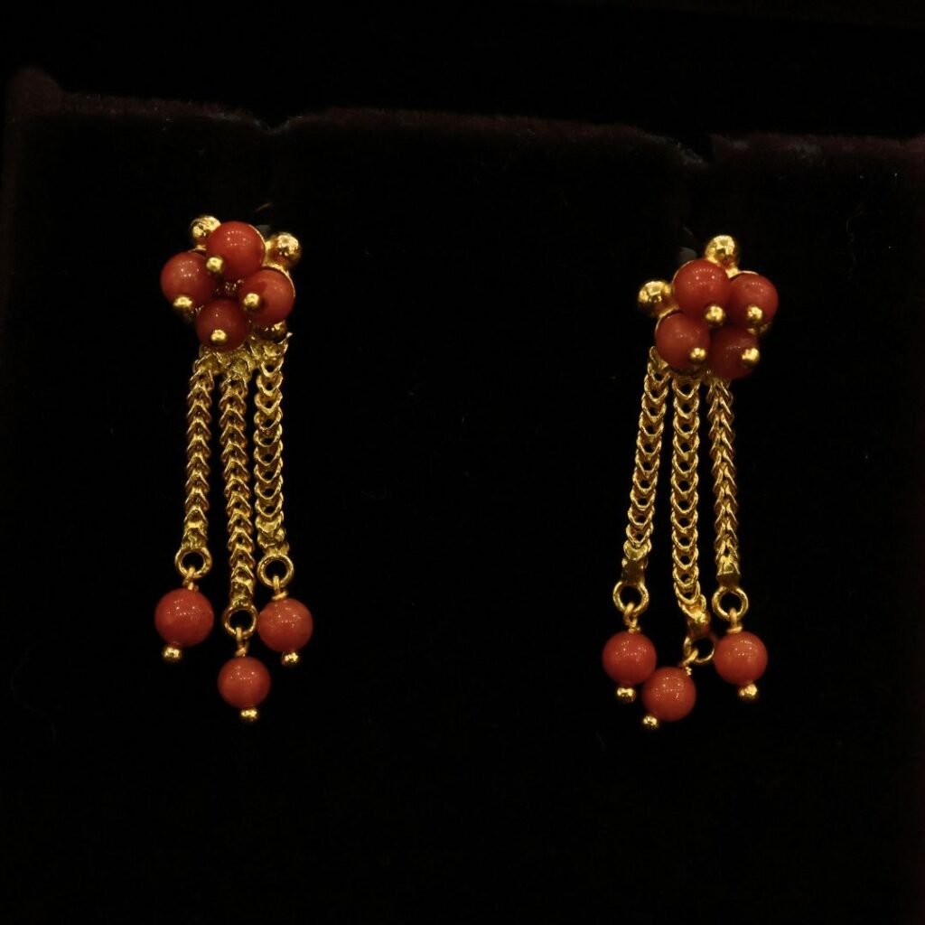 22KT Gold Fancy Coral Drop Earrings (HUID Hallmarked) – Elegant Designer Collection (4.61g)