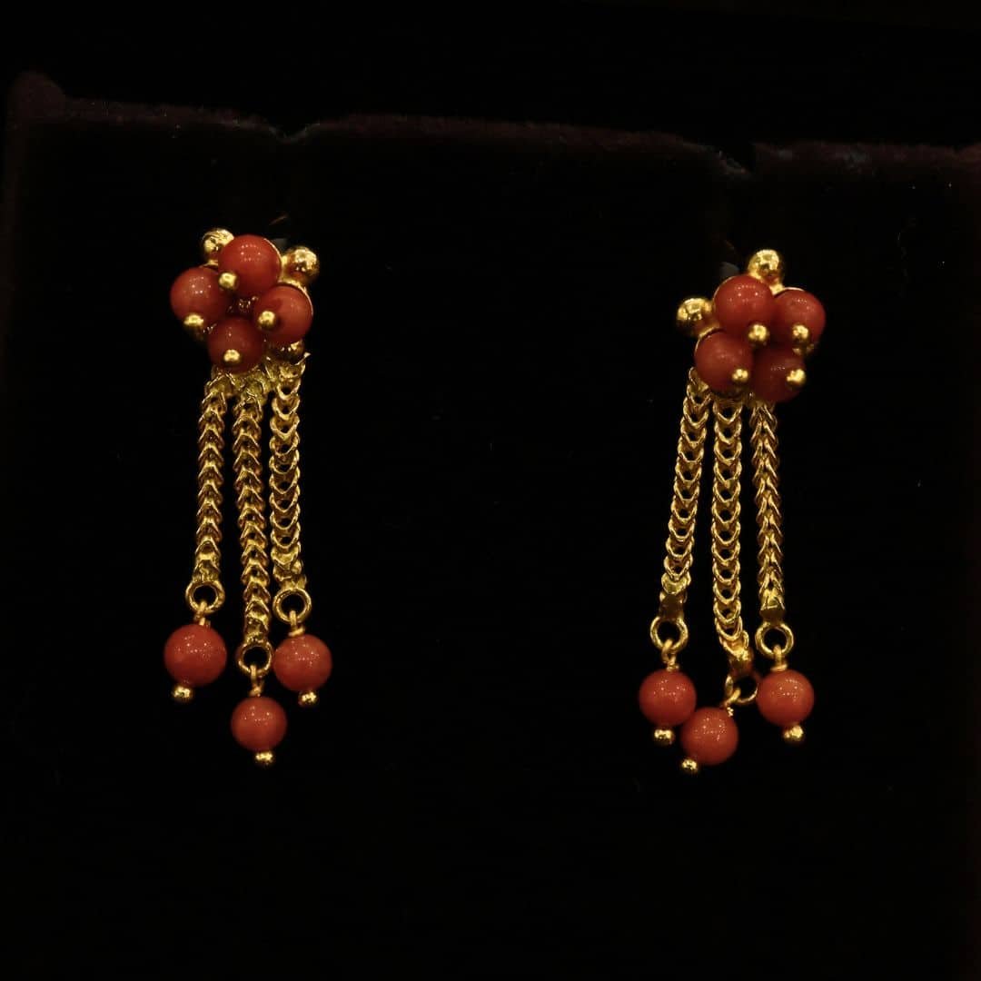 22KT Gold Fancy Coral Drop Earrings (HUID Hallmarked) – Elegant Designer Collection (4.61g)