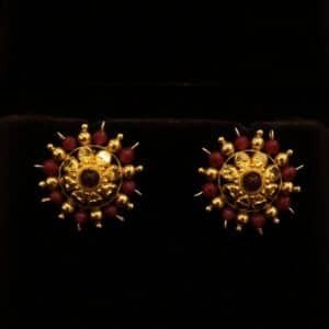 22KT Gold Nellore Design Stone Stud Earrings with Spinal Ruby Beads & Gold Balls (HUID Hallmarked) – 5.33g