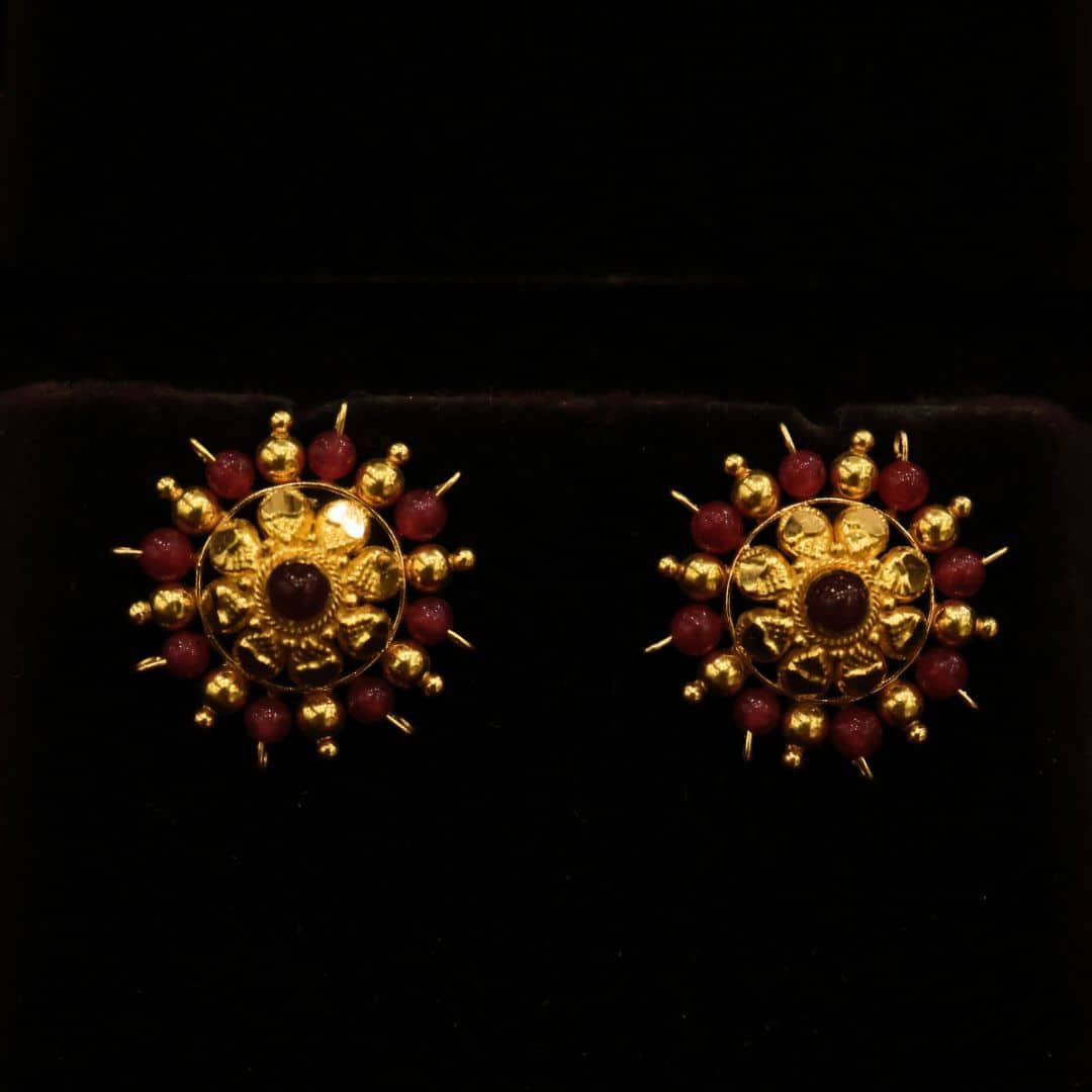 22KT Gold Nellore Design Stone Stud Earrings with Spinal Ruby Beads & Gold Balls (HUID Hallmarked) – 5.33g