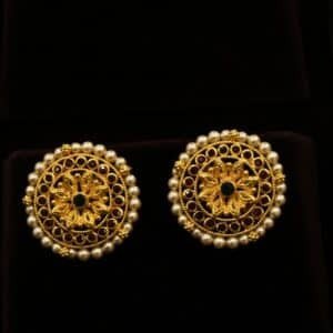 22KT Gold Nellore Design Stone Stud Earrings with Pearl & Ruby (HUID Hallmarked) – 9.83g