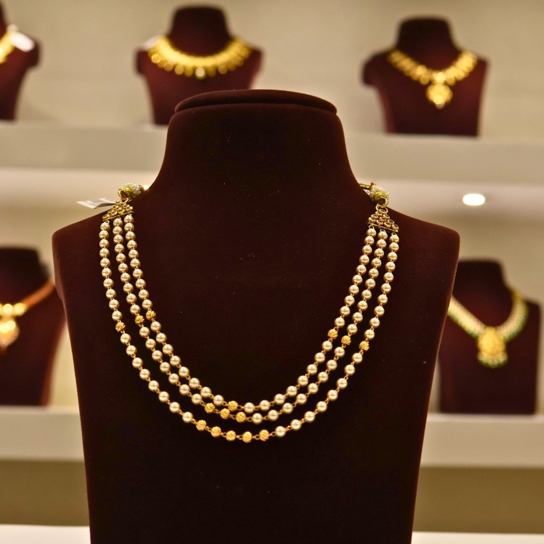 22KT Gold Pearl Layer Necklace with Gold Ball Work (HUID Hallmarked) – 12.16g