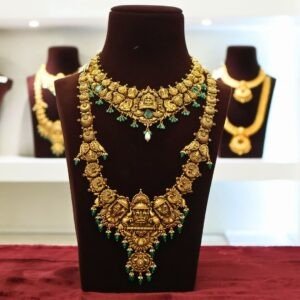 22KT Deep Nagas Gold Hara & Necklace Set with Green Beads & Pearl Work (HUID Hallmarked) – 104.96g