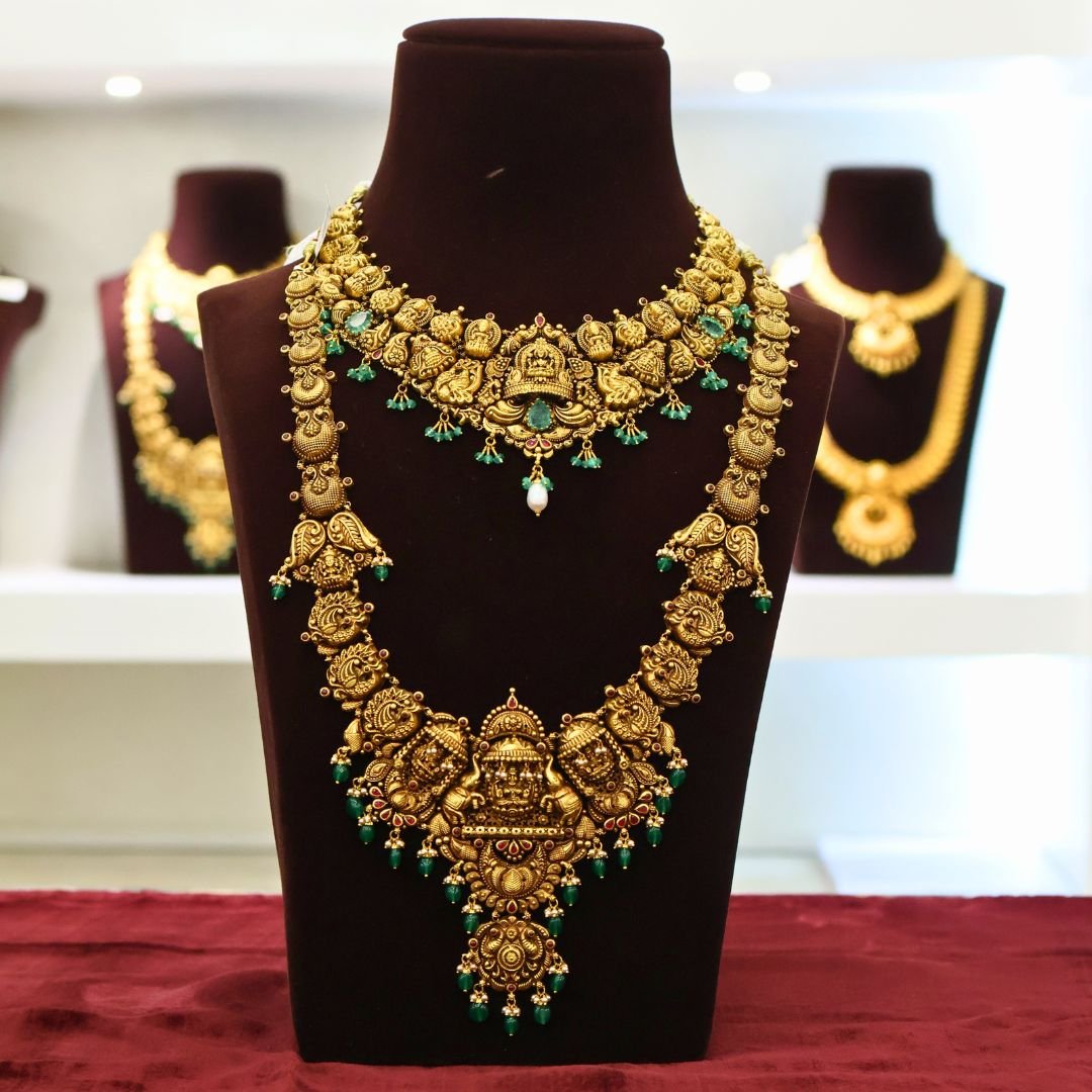 22KT Deep Nagas Gold Hara & Necklace Set with Green Beads & Pearl Work (HUID Hallmarked) – 104.96g