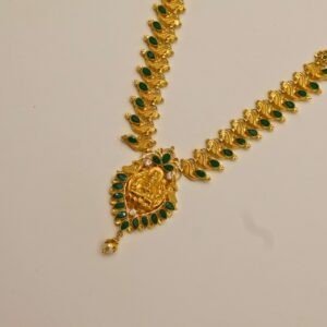 22KT Gold Lakshmi Necklace with Emerald Stone Work (HUID Hallmarked) – Traditional Bridal Collection (21.24g)