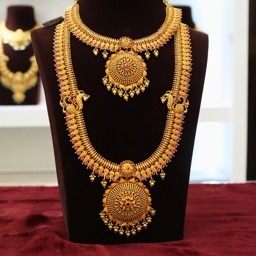 22KT Temple Work Antique Gold Hara with Ruby Polish (HUID Hallmarked) – 104.96g