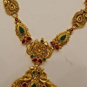 22KT Gold Multi-Stone Necklace with Green Beads (HUID Hallmarked) – Elegant Traditional Collection (16.08g)