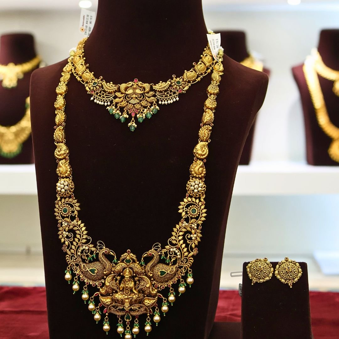 22KT Nagas Gold Hara with Lakshmi Pendant, Peacock & Pearl Work (HUID Hallmarked) – 86.81g