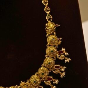 22KT Gold Peacock Multi-Stone Necklace (HUID Hallmarked) – Elegant Traditional Collection (29.45g)