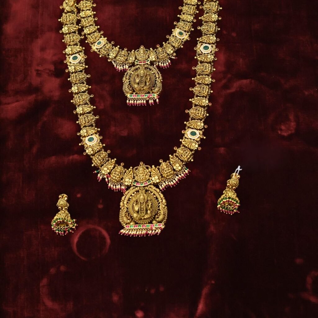 22KT Nagas Bridal Gold Set (Hara, Necklace & Jhumka) with Red & Pearl Work (HUID Hallmarked) – 115.61g