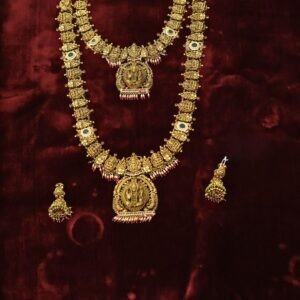 22KT Nagas Bridal Gold Set (Hara, Necklace & Jhumka) with Red & Pearl Work (HUID Hallmarked) – 115.61g