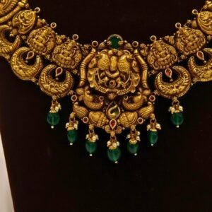 22KT Gold Antique Peacock Necklace with Pearl & Green Beads (HUID Hallmarked) – Premium Traditional Collection (37.61g)