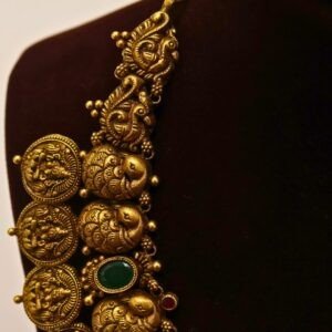 22KT Gold Antique Lakshmi & Elephant Necklace with Pearl & Green Beads (HUID Hallmarked) – Grand Bridal Collection (45.28g)