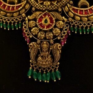 22KT Gold Antique Lakshmi Necklace with Green Beads (HUID Hallmarked) – Grand Bridal Collection (62.21g)