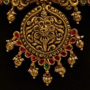 22KT Gold Antique Nakasa Necklace with Pearl & Kundan Work (HUID Hallmarked) – Grand Bridal Collection (64.11g)