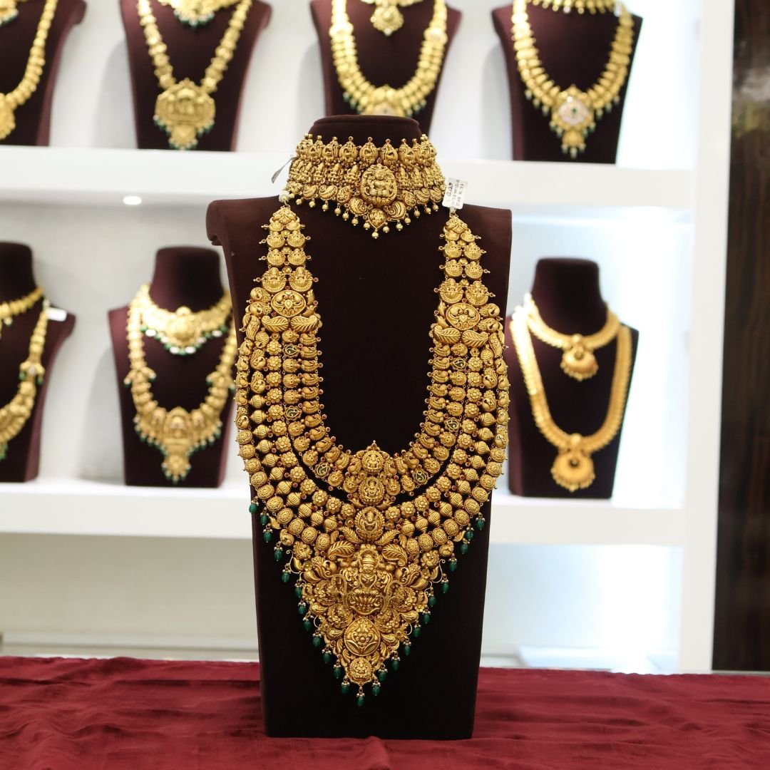 22KT Antique Gold 5-Layer Hara & Choker Set with Broad Lakshmi Pendant (HUID Hallmarked) – 182.32g