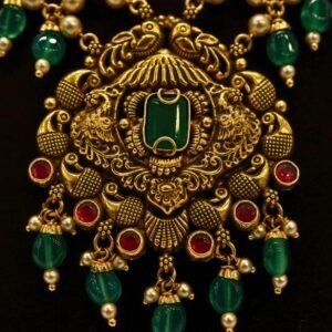22KT Gold Necklace with Pearl & Green Beads Work (HUID Hallmarked) – Elegant Traditional Collection (15.10g)
