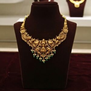 22KT Nakas Gold Necklace with Lakshmi Pendant, Green Beads & Pearl Work (HUID Hallmarked) – 25.45g