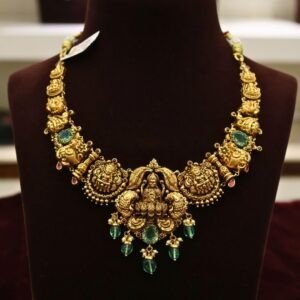 22KT Antique Gold Necklace with Lakshmi Pendant, Pearl & Green Beads Work (HUID Hallmarked) – 26.47g