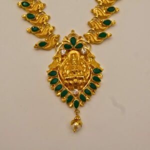 22KT Gold Lakshmi Necklace with Emerald Stone Work (HUID Hallmarked) – Traditional Bridal Collection (21.24g)