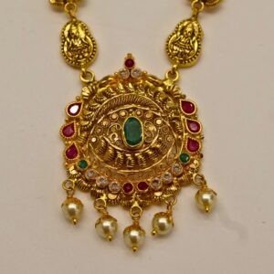 22KT Gold Lakshmi Pearl Multi-Stone Necklace (HUID Hallmarked) – Elegant Traditional Collection (15.45g)