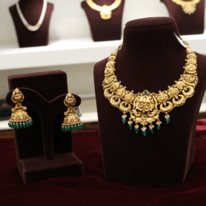 22KT Antique Nakas Gold Necklace & Jhumka Set with Ruby & Green Beads (HUID Hallmarked) – 59.17