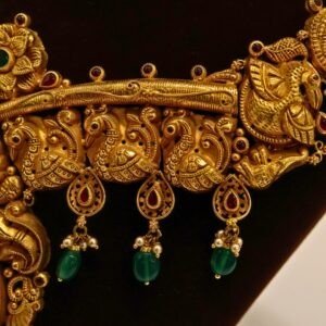 22KT Gold Antique Nakasa Necklace with Pearl & Green Beads (HUID Hallmarked) – Grand Bridal Collection (46.81g)