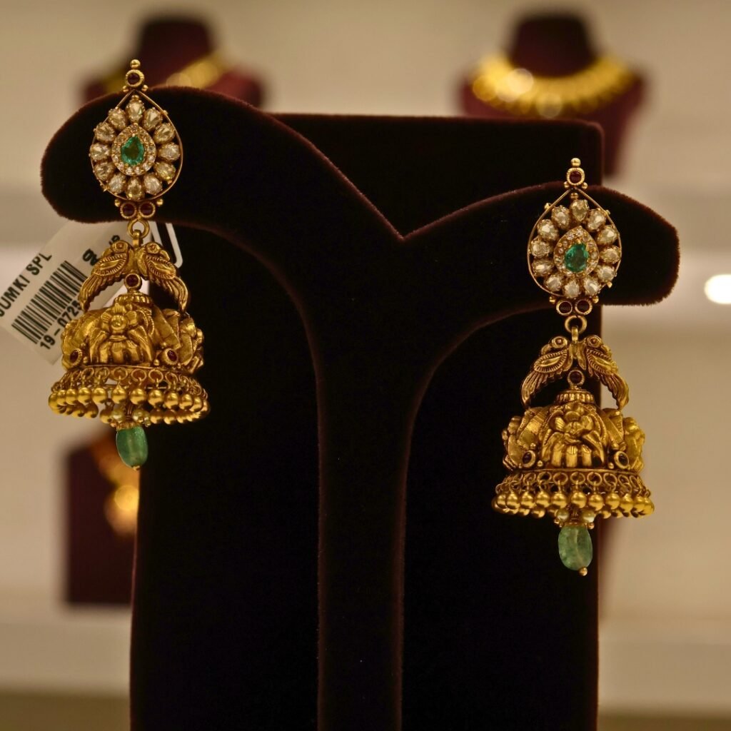 22KT Gold Antique Nakasa Jhumka Earrings with Moissanite Stone (HUID Hallmarked) – Premium Bridal Collection (22.69g)