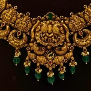 22KT Gold Antique Peacock Necklace with Pearl & Green Beads (HUID Hallmarked) – Premium Traditional Collection (37.61g)