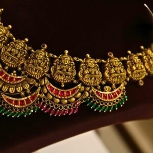 22KT Gold Antique Lakshmi Necklace with Green Beads (HUID Hallmarked) – Grand Bridal Collection (62.21g)