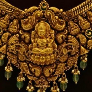 22KT Gold Antique Nakasa Lakshmi Necklace with Pearl & Green Beads (HUID Hallmarked) – Grand Bridal Collection (49.63g)