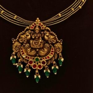 22KT Gold Antique Lakshmi Necklace with Pearl, Emerald Beads & Kundan Work (HUID Hallmarked) – Premium Traditional Collection (32.37g)