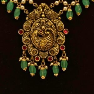22KT Gold Pearl Necklace with Green Beads Work (HUID Hallmarked) – 14.77g