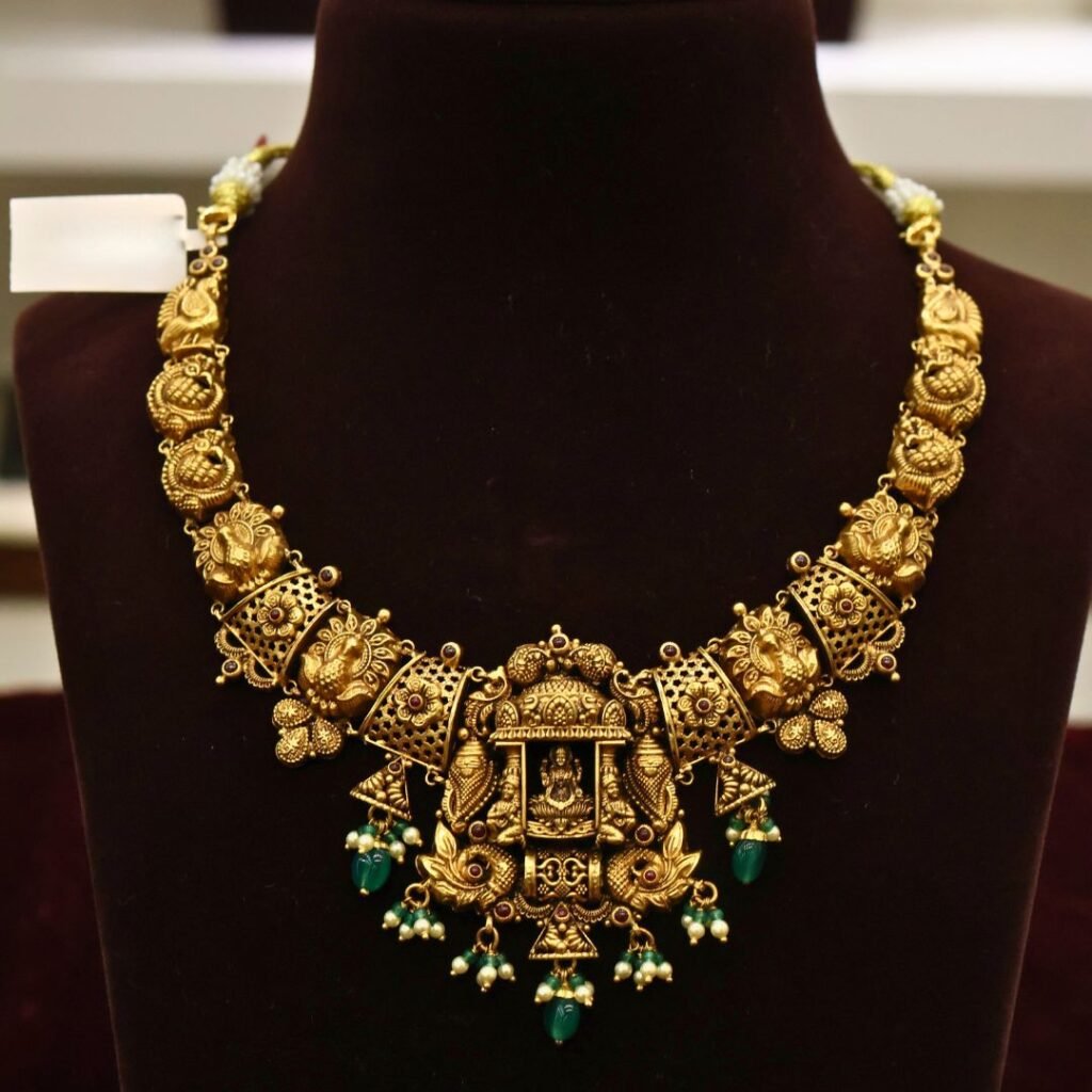 22KT Antique Nakas Gold Necklace with Pearl & Green Beads (HUID Hallmarked) – 23.28g