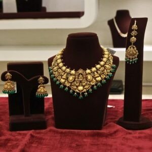 22KT Antique Nakas Bridal Set (Necklace, Jhumka & Nettichutti) with Pearl & Green Beads (HUID Hallmarked) – 86.85g