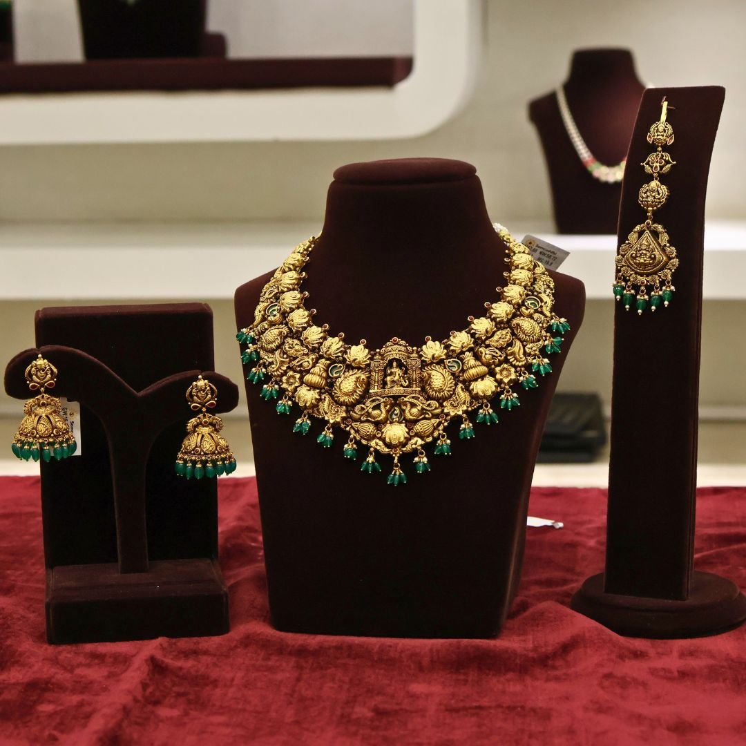 22KT Antique Nakas Bridal Set (Necklace, Jhumka & Nettichutti) with Pearl & Green Beads (HUID Hallmarked) – 86.85g