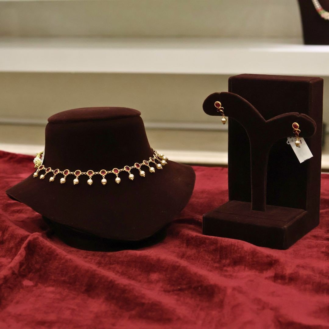 22KT Lightweight Stone Necklace & Earrings Set with Ruby & Pearl Beads (HUID Hallmarked) – 7.88g