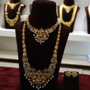 22KT Antique Gold Bridal Hara Set with Deep Work, Pearl & Green Beads (HUID Hallmarked) – 86.57g