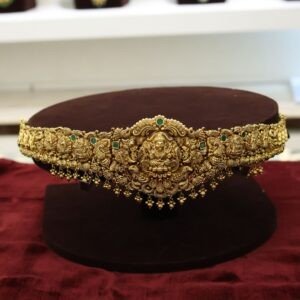 22KT Nagas Gold Waistband (Vaddanam) with Green Stone, Pearl & Gold Ball Work (HUID Hallmarked) – 87.09g