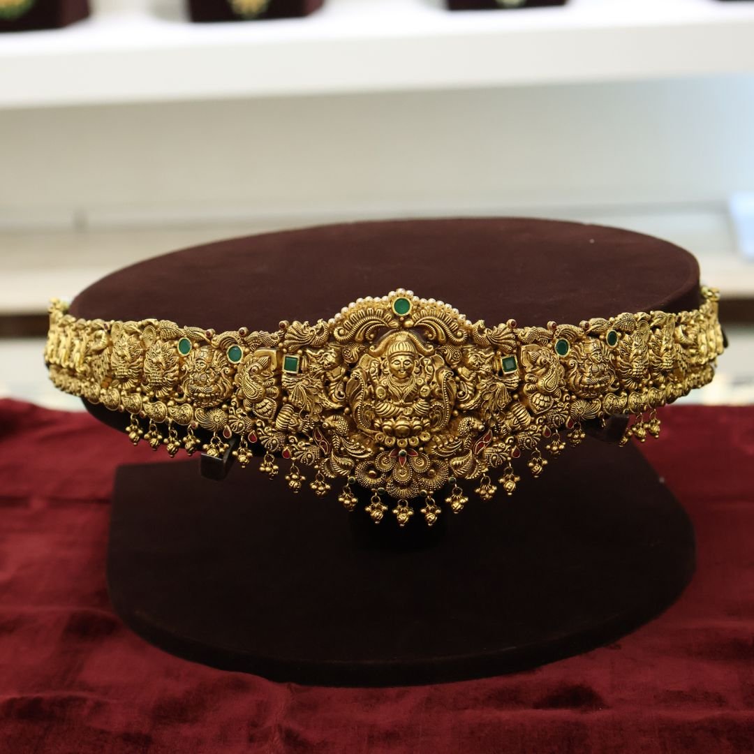 22KT Nagas Gold Waistband (Vaddanam) with Green Stone, Pearl & Gold Ball Work (HUID Hallmarked) – 87.09g