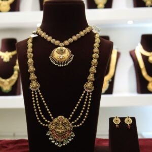 22KT Antique Gold 3-Layer Hara & Necklace Set with Lakshmi Pendant (HUID Hallmarked) – 83.96g