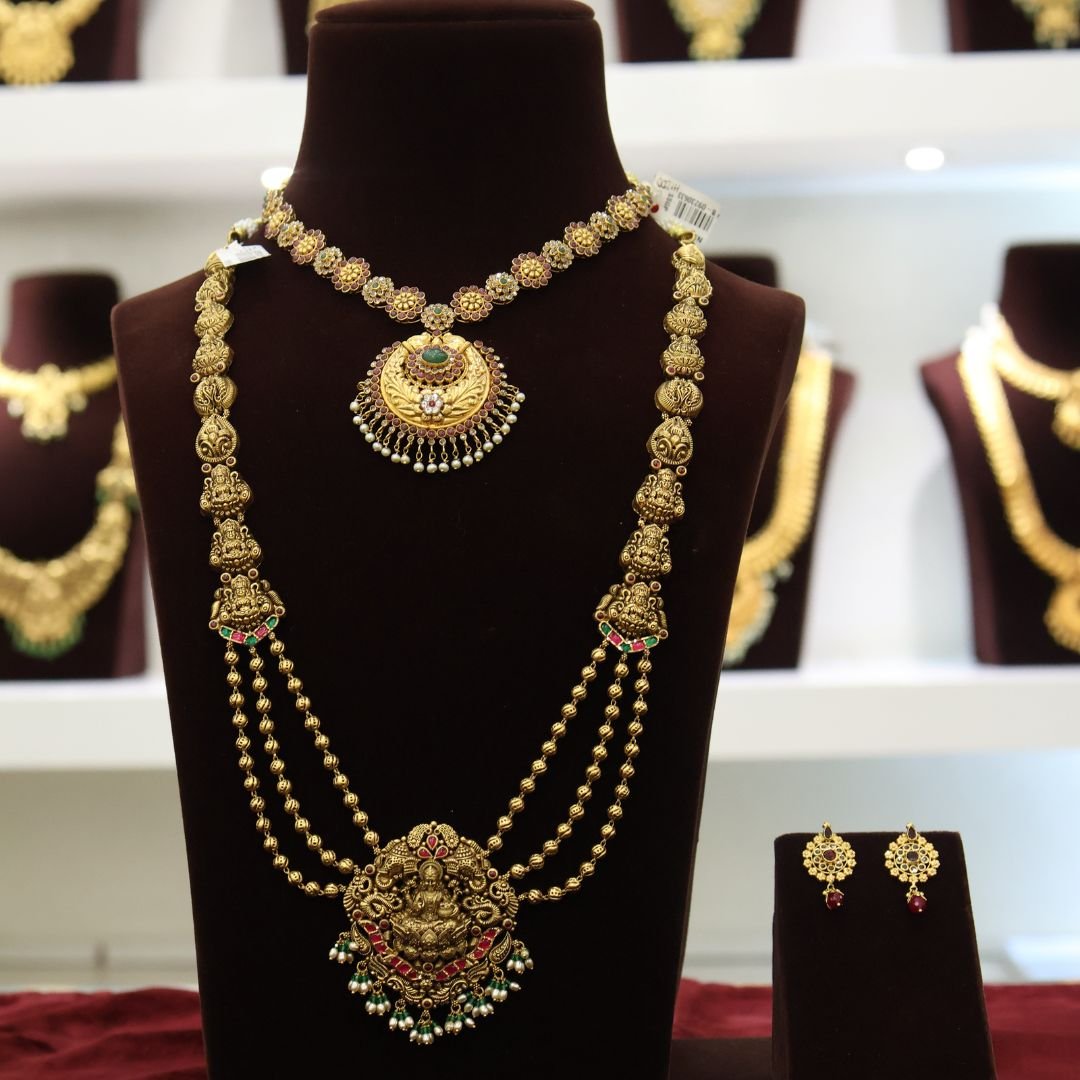 22KT Antique Gold 3-Layer Hara & Necklace Set with Lakshmi Pendant (HUID Hallmarked) – 83.96g