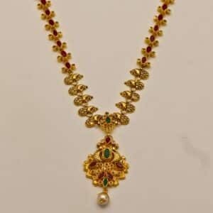 22KT Gold Multi-Stone Necklace with Ruby & Emerald (HUID Hallmarked) – 17.86g