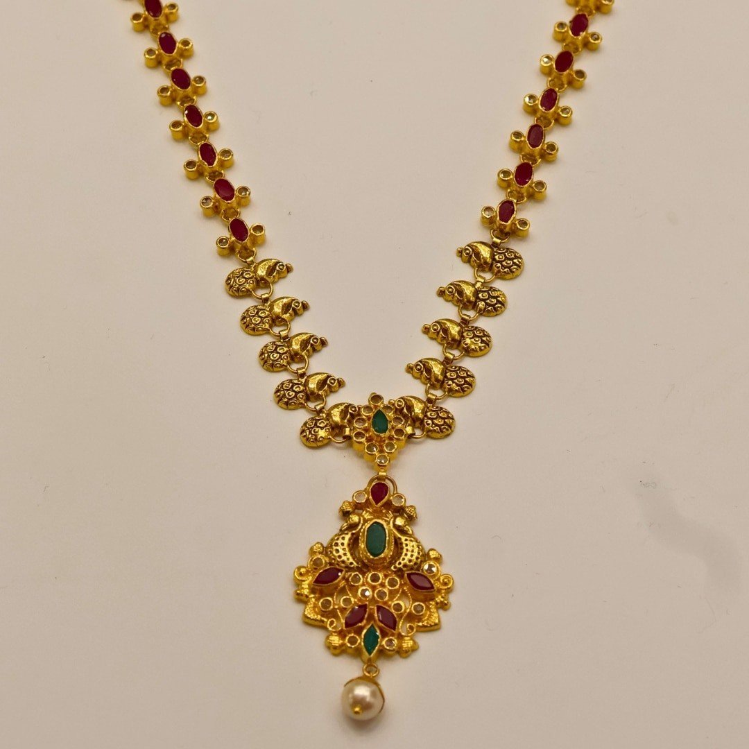 22KT Gold Multi-Stone Necklace with Ruby & Emerald (HUID Hallmarked) – 17.86g